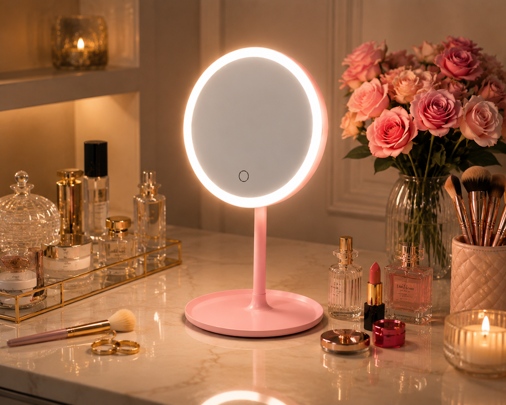 LED Makeup Mirror with Touch Control – Pink Vanity Mirror