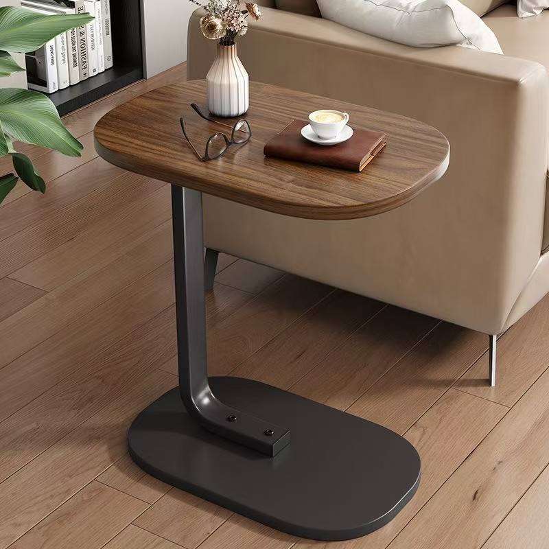 Modern C-Shaped Sofa Side Table – Wooden Top with Black Metal Base