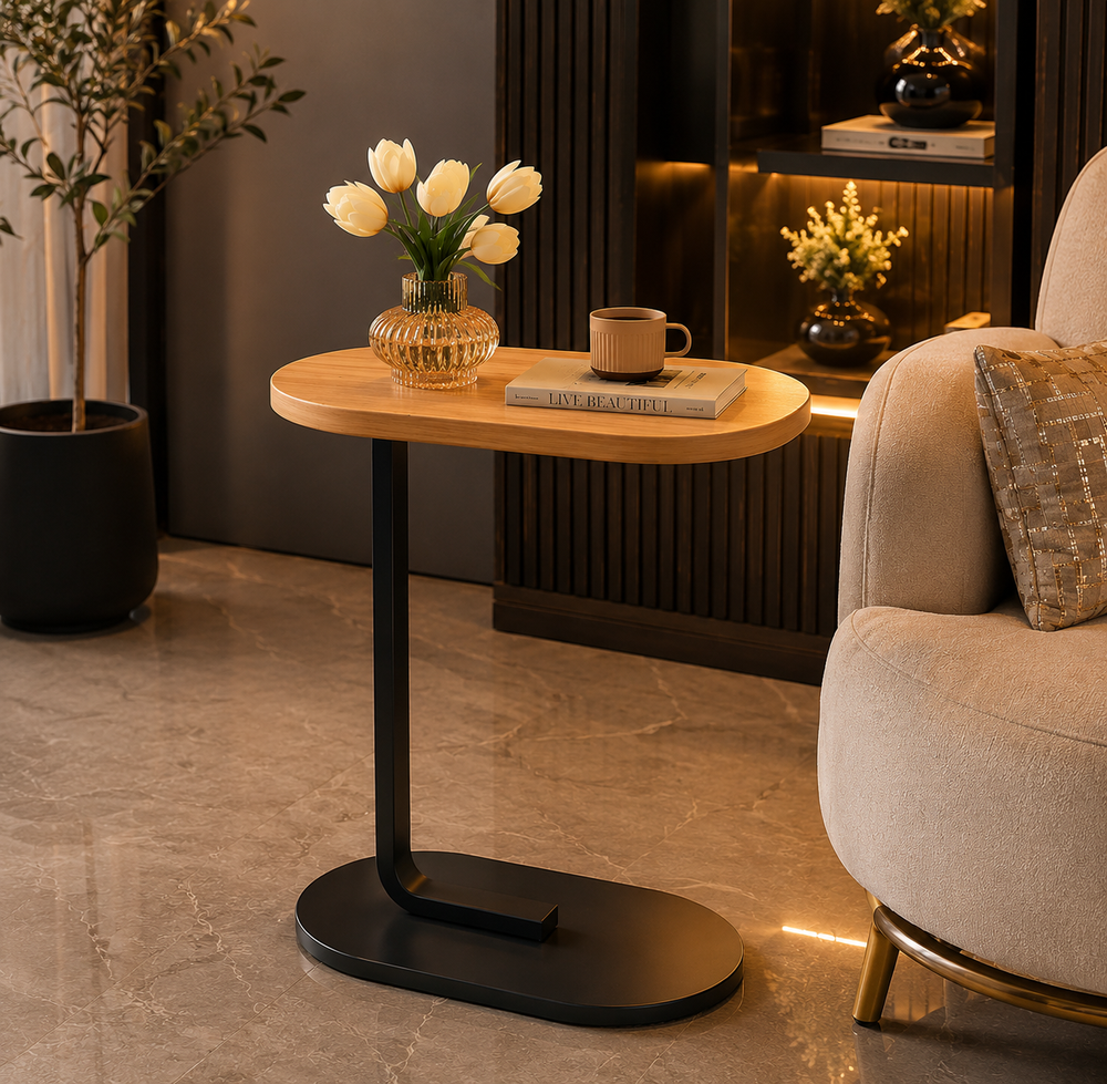 Modern C-Shaped Sofa Side Table – Wooden Top with Black Metal Base