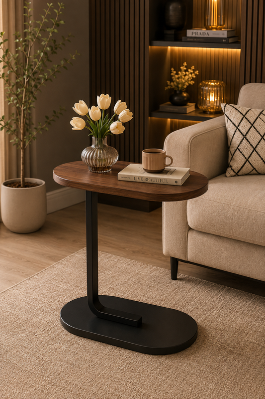Modern C-Shaped Sofa Side Table – Wooden Top with Black Metal Base