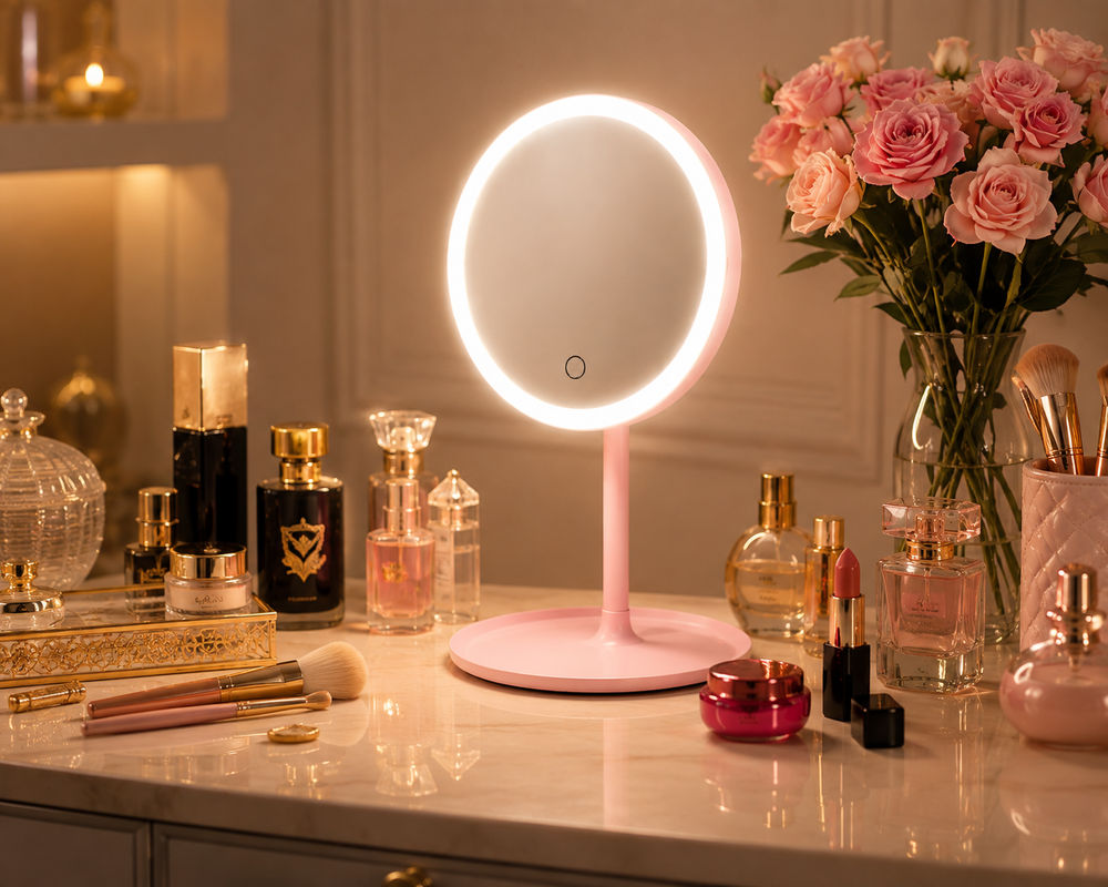LED Makeup Mirror with Touch Control – Pink Vanity Mirror