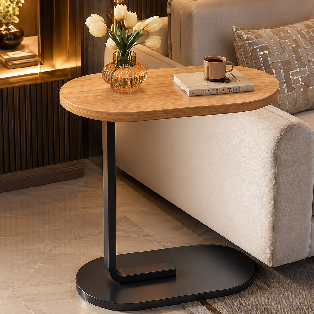 Modern C-Shaped Sofa Side Table – Wooden Top with Black Metal Base