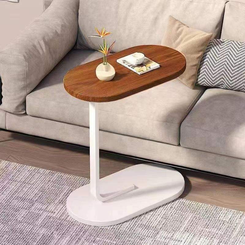 Modern C-Shaped Sofa Side Table – Wooden Top with Black Metal Base